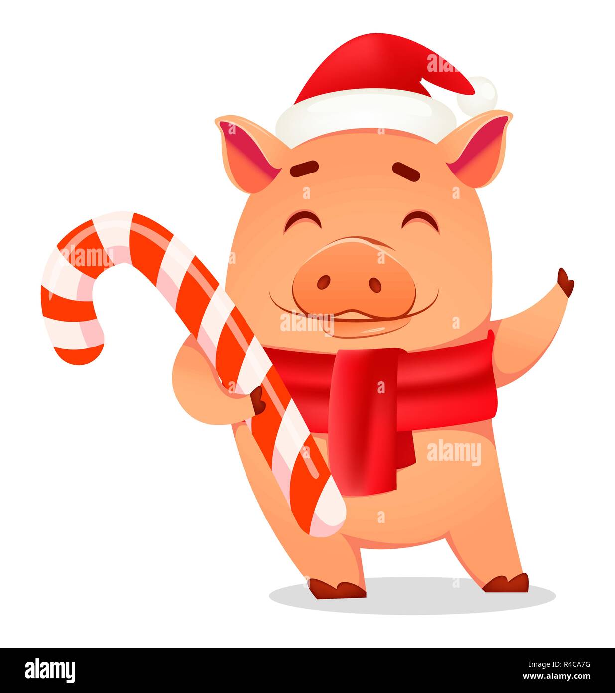Tarjeta de felicitación de Navidad. Lindo cerdo vestidos de Santa Claus  sombrero y bufanda mantiene candy cane. Gracioso personaje de dibujos  animados. Ilustración vectorial sobre fondo blanco Imagen Vector de stock -