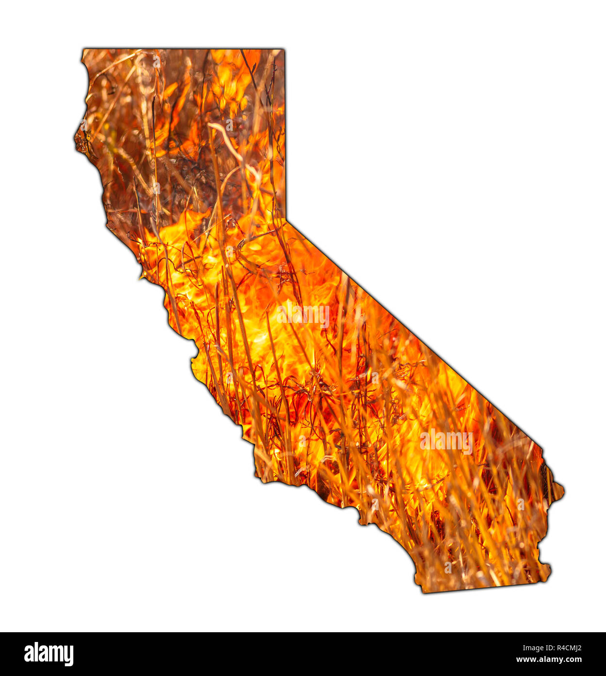 Incendios en California en 2018. Mapa de California sobre el fuego aislado sobre fondo blanco. El incendio que afecta a California es considerado el más devastador Foto de stock