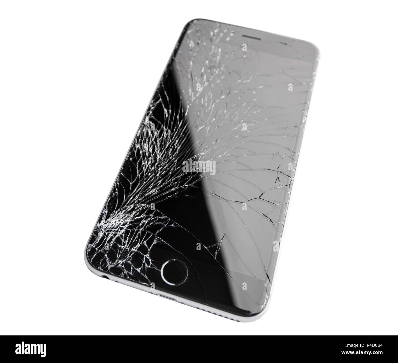Iphone dañado sobre fondo blanco. Foto de stock