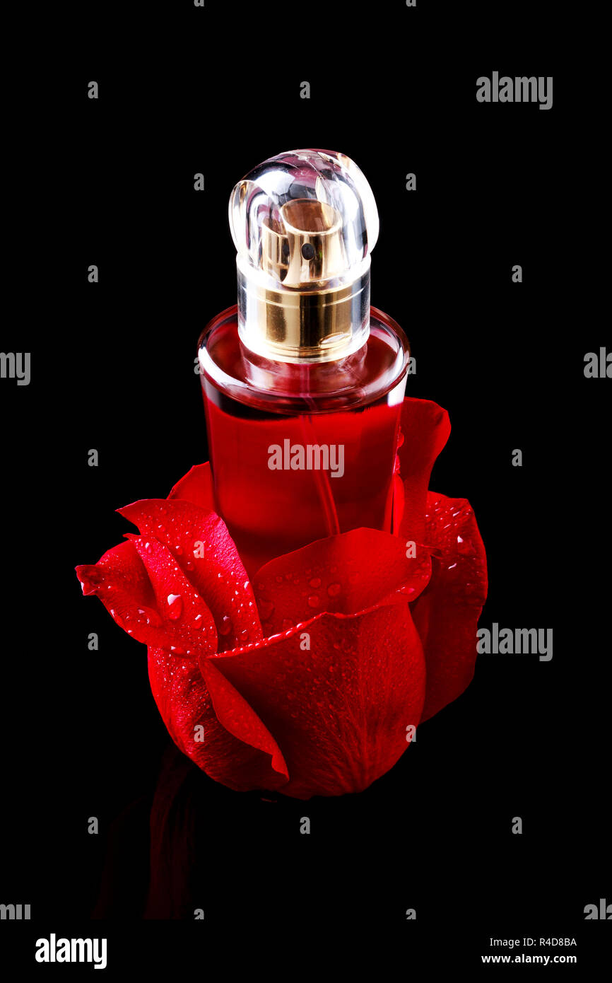 Vaso de perfume de pétalos de rosa sobre fondo negro presentación  Fotografía de stock - Alamy