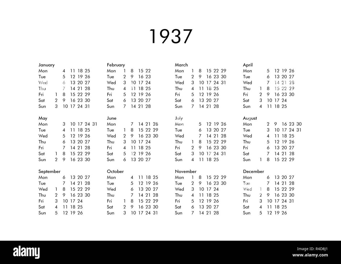 Calendario Del Ano 1937 Fotografia De Stock Alamy calendario año 1937