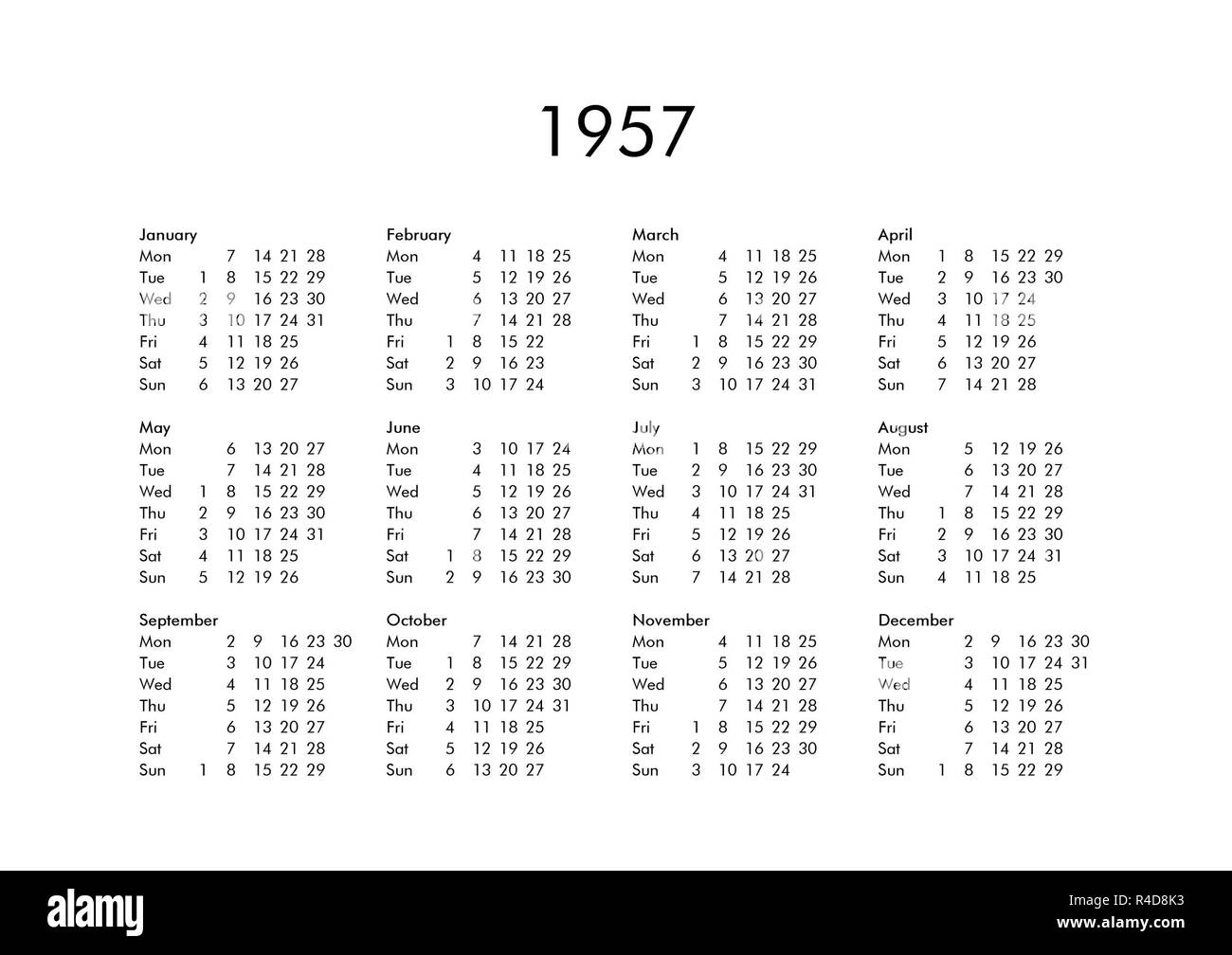 Calendario Del Ano 1957 Fotografia De Stock Alamy calendario año 1957