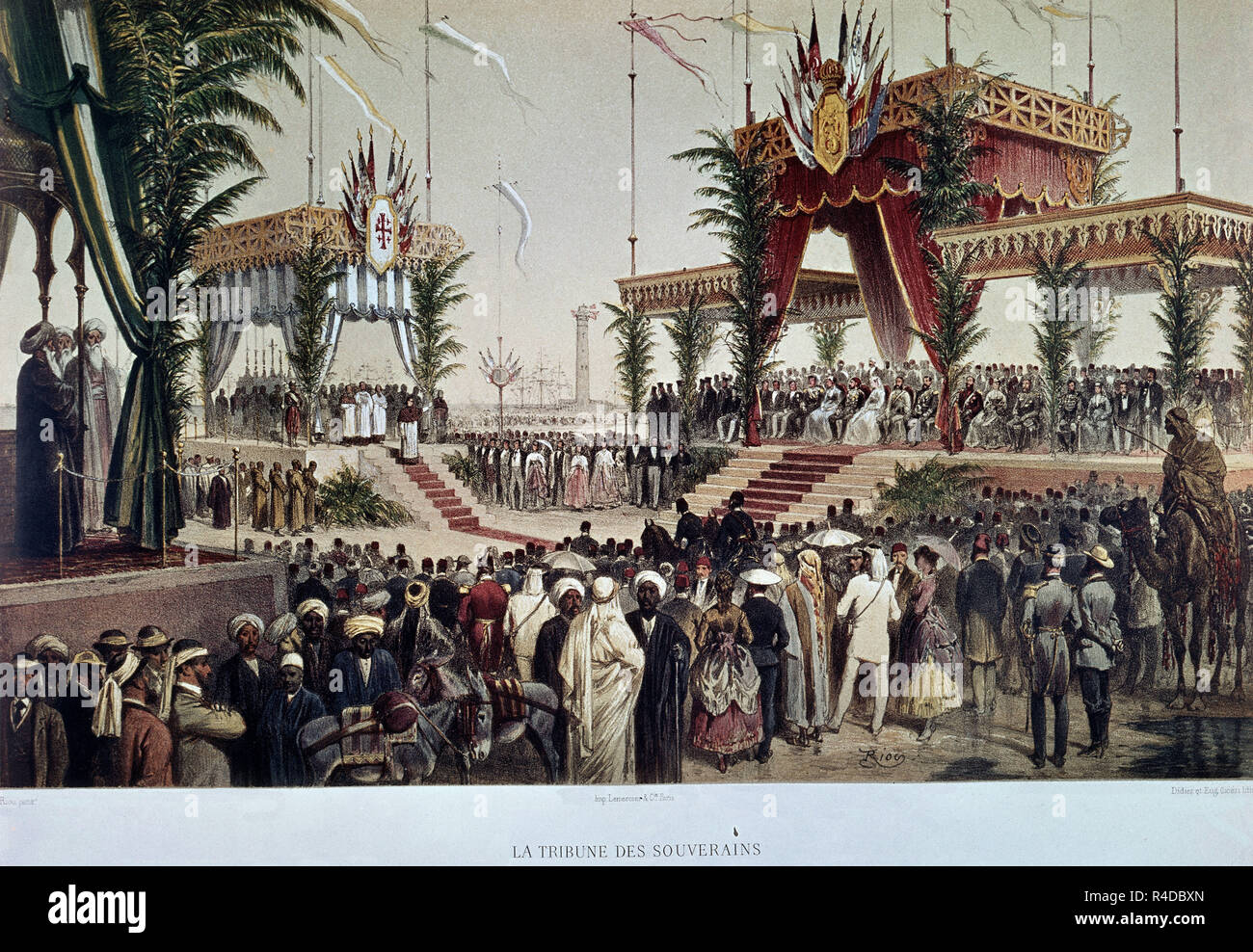 GRABADO-INAUGURACION DEL CANAL DE SUEZ CON LA Emperatriz Eugenia de Montijo. Autor: Riou. Ubicación: Colección privada. Francia. Foto de stock