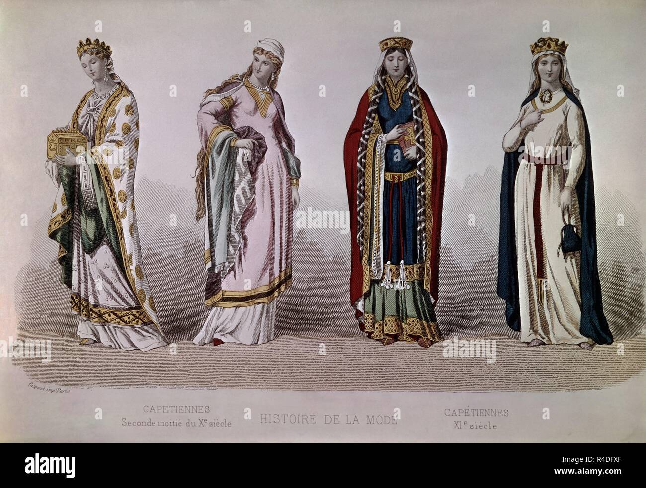 HISTORIA DE LA MODA-GRAB DE MODA FEMENINA- S X/XI-EPOCA alto medieval.  Ubicación: Colección privada. Francia Fotografía de stock - Alamy