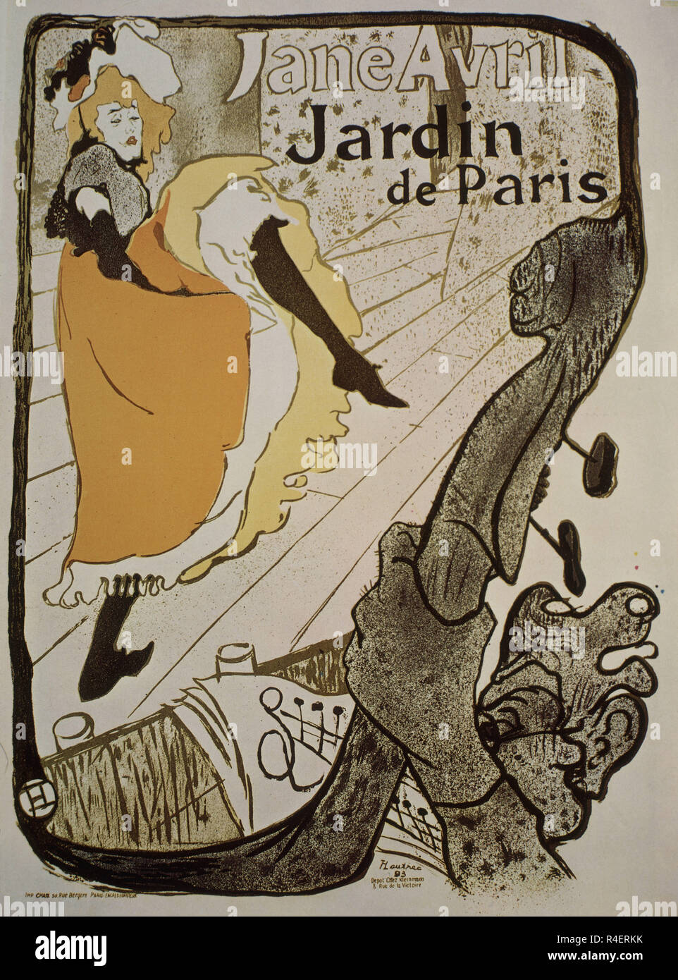 Cartel de publicidad Jane Avril en El Jardin de Paris - 1899 - 124x91,5 cm - color litografía. Autor: Toulouse Lautrec, HENRI DE. Ubicación: Colección privada. Francia. Foto de stock