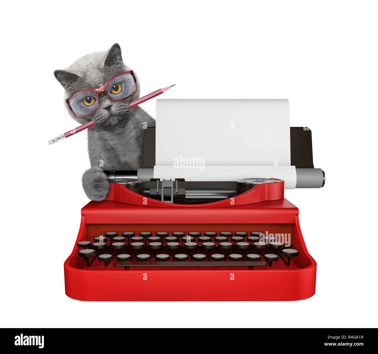 Lindo gato está escribiendo en un teclado de máquina de escribir. Aislado  sobre fondo blanco Fotografía de stock - Alamy