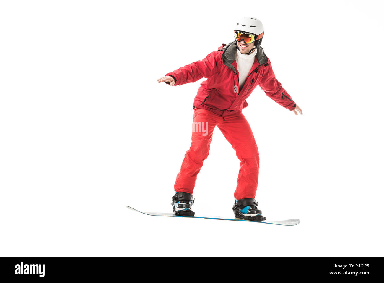 Hombre adulto en rojo traje de esquí snowboard aislado en blanco Fotografía  de stock - Alamy
