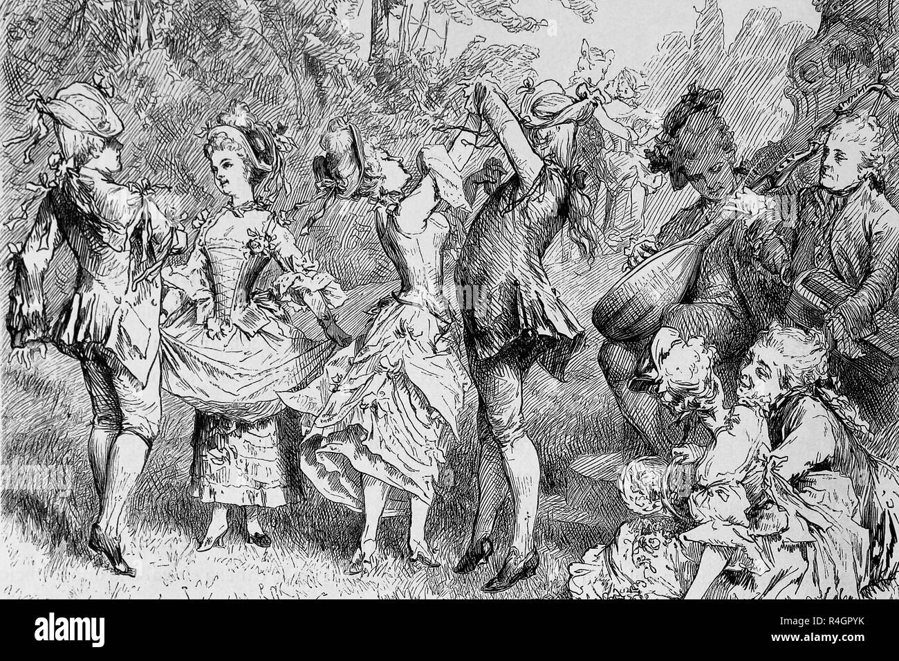 La aristocracia. Siglo XVIII. Panorama de la danza. Grabado de Germania, 1882. Foto de stock