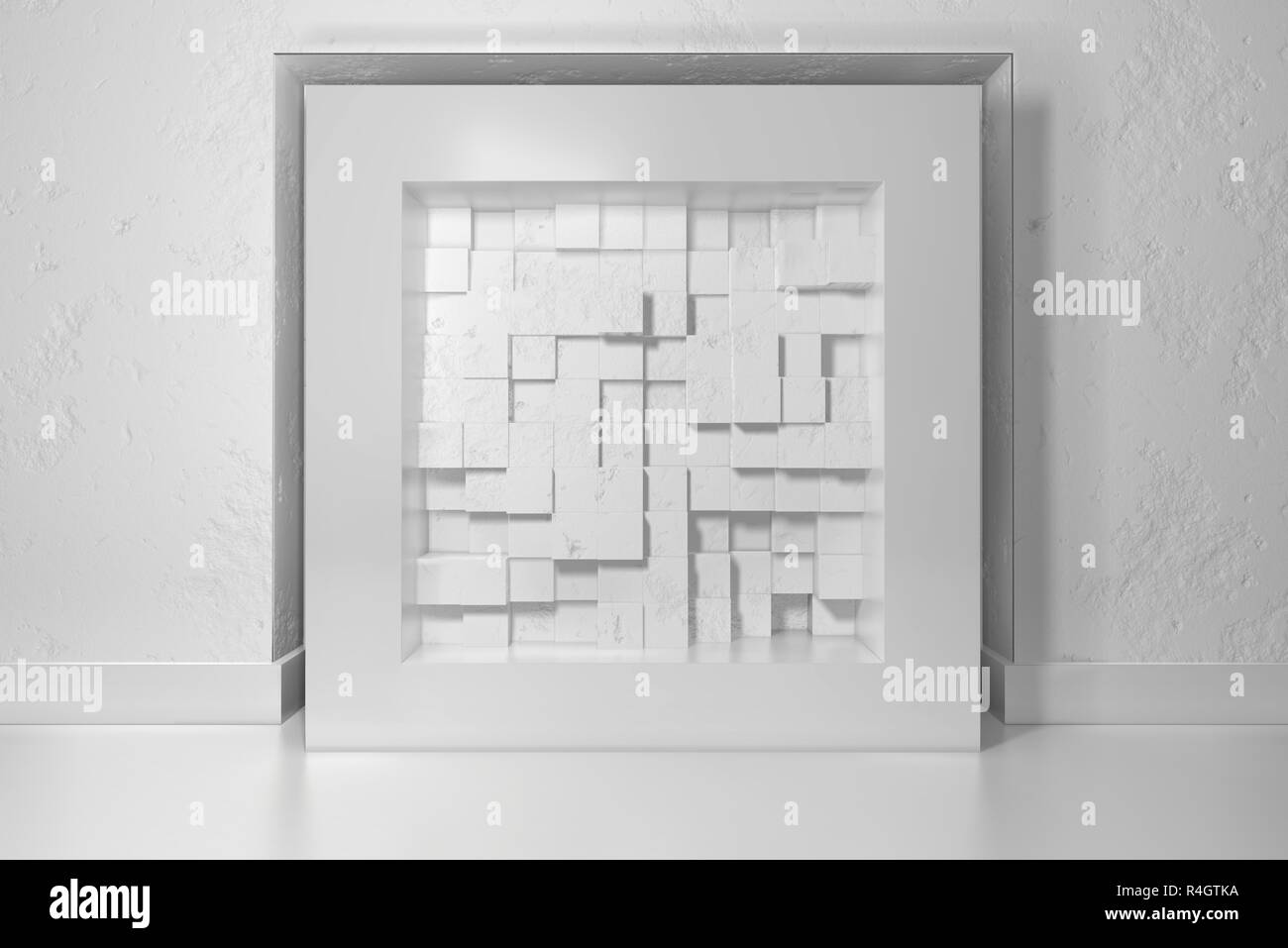 El minimalismo, maquetas, carteles illutration 3d interior. Marco blanco en  un nicho en la pared enlucidas llena con caótica desplazado bloques de  cuadros Fotografía de stock - Alamy