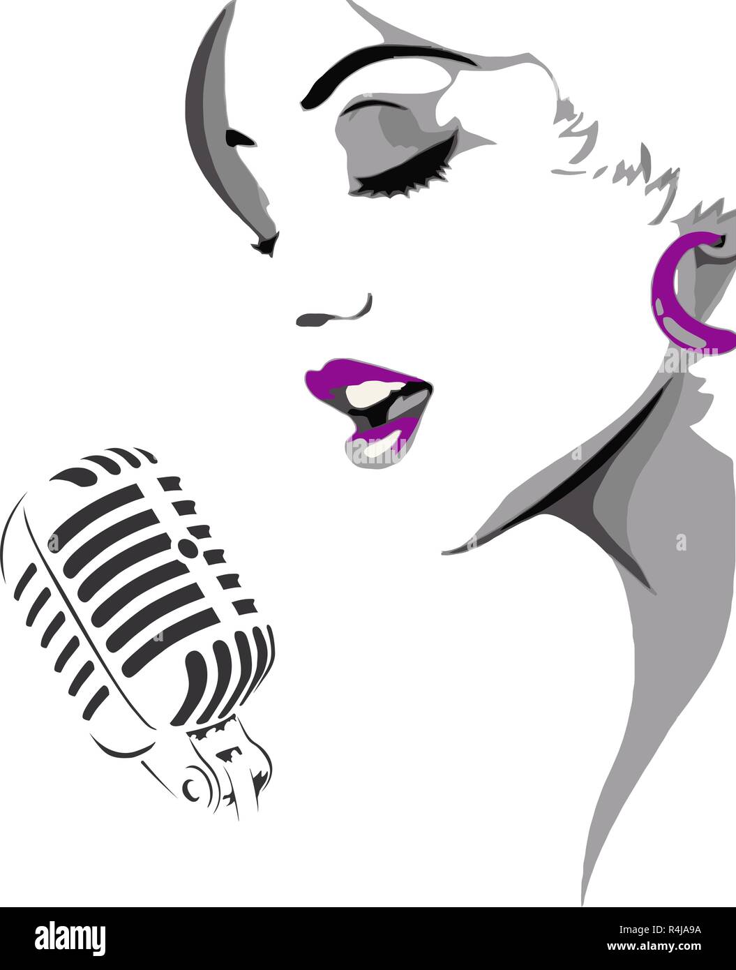 Cara de una mujer cantando en un micrófono. Un hermoso rostro de una mujer  con los ojos cerrados está cantando en frente de un micrófono Imagen Vector  de stock - Alamy