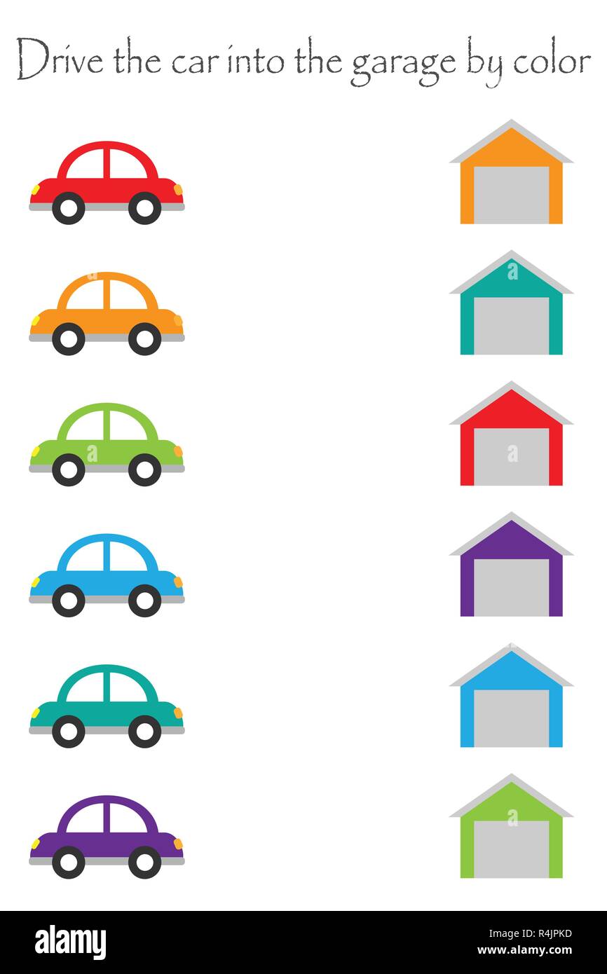 Conducir coches de colores en el estilo de dibujos animados en garajes por color  para niños en edad preescolar, la actividad de la hoja de cálculo para niños,  tarea para el desarrollo