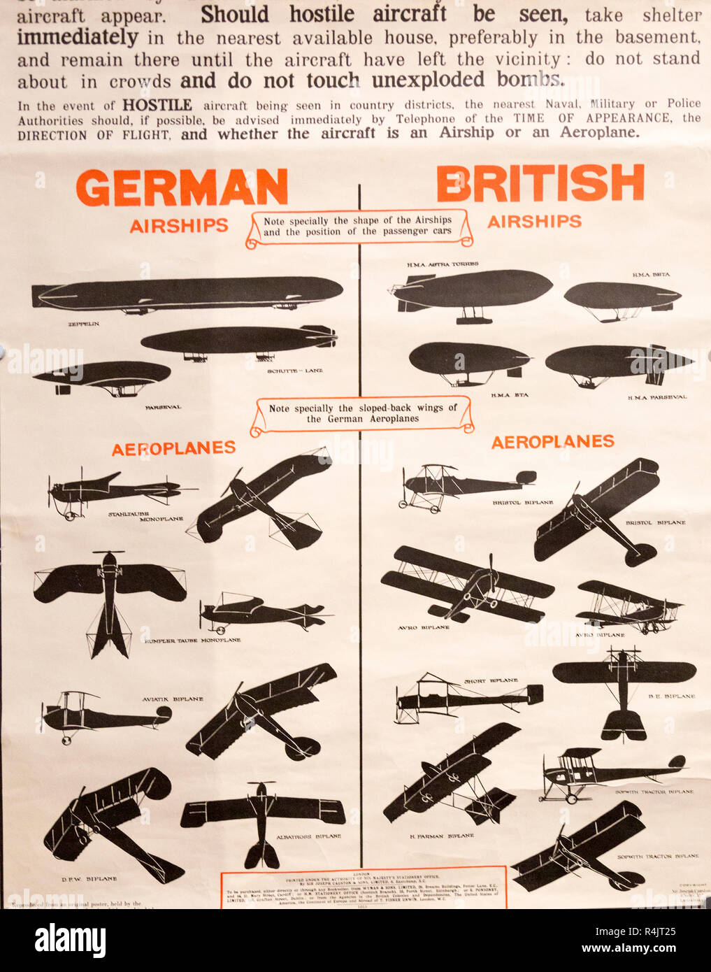 Cartel de identificación para el ejército británico y alemán aviones militares y aeronaves de la Primera Guerra Mundial, Radstock museum, Somerset, Inglaterra, Reino Unido. Foto de stock
