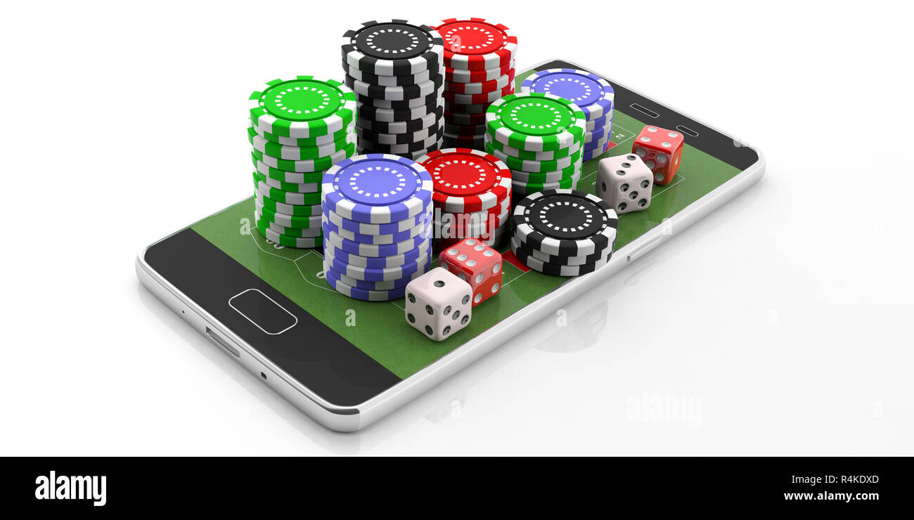 Online casino, apuestas concepto. Fichas de póquer y dados en un  smartphone, aislado sobre fondo blanco. Ilustración 3d Fotografía de stock  - Alamy