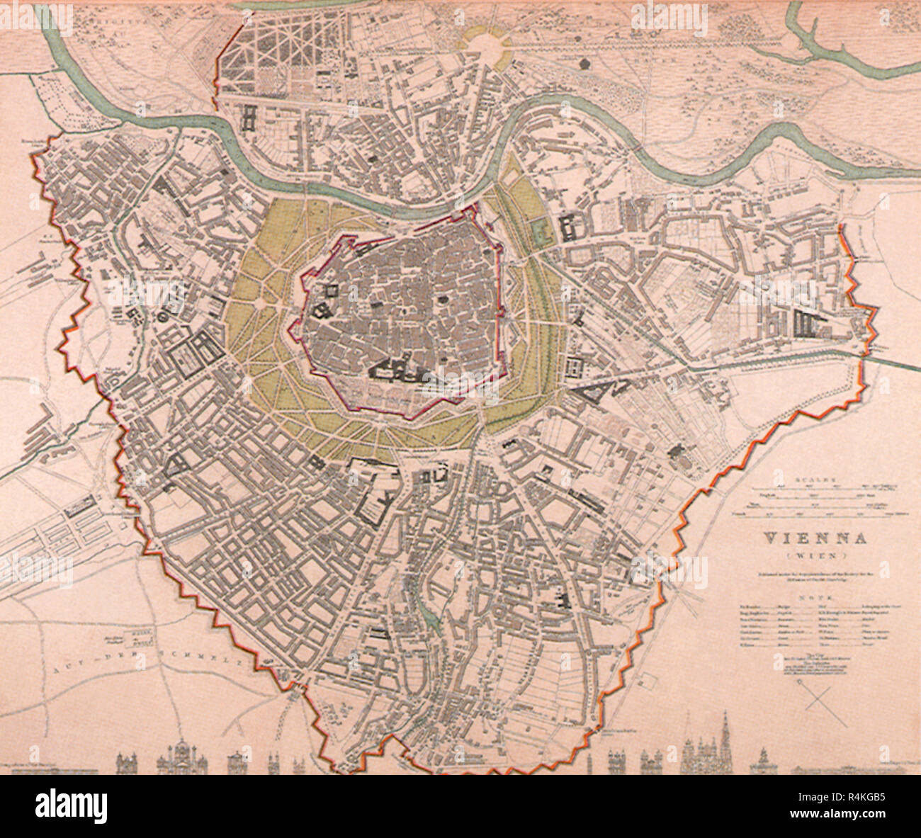 Mapa de Viena de 1844, la Sociedad para la difusión de la U. Foto de stock