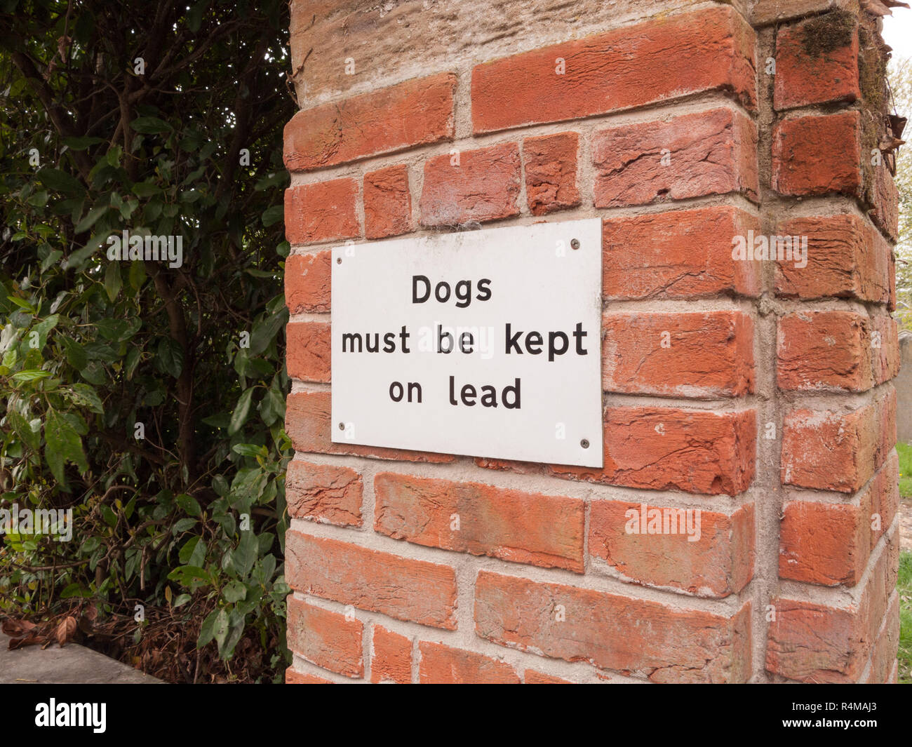 A los perros deben mantenerse de plomo blanco y negro simple indicio clavado a una pared de ladrillos en el exterior cerca de un aparcamiento y parque Foto de stock