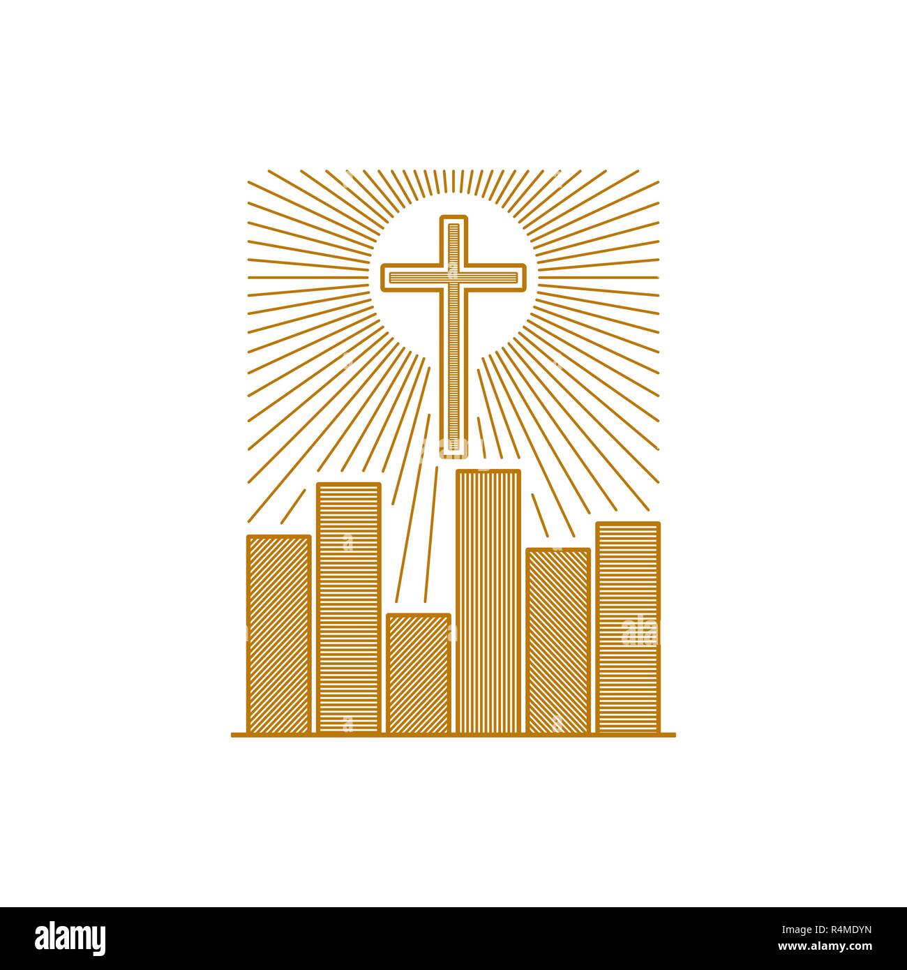 Logotipo de la Iglesia. Símbolos cristianos. Cruz de Jesucristo a través de la ciudad. Ilustración del Vector