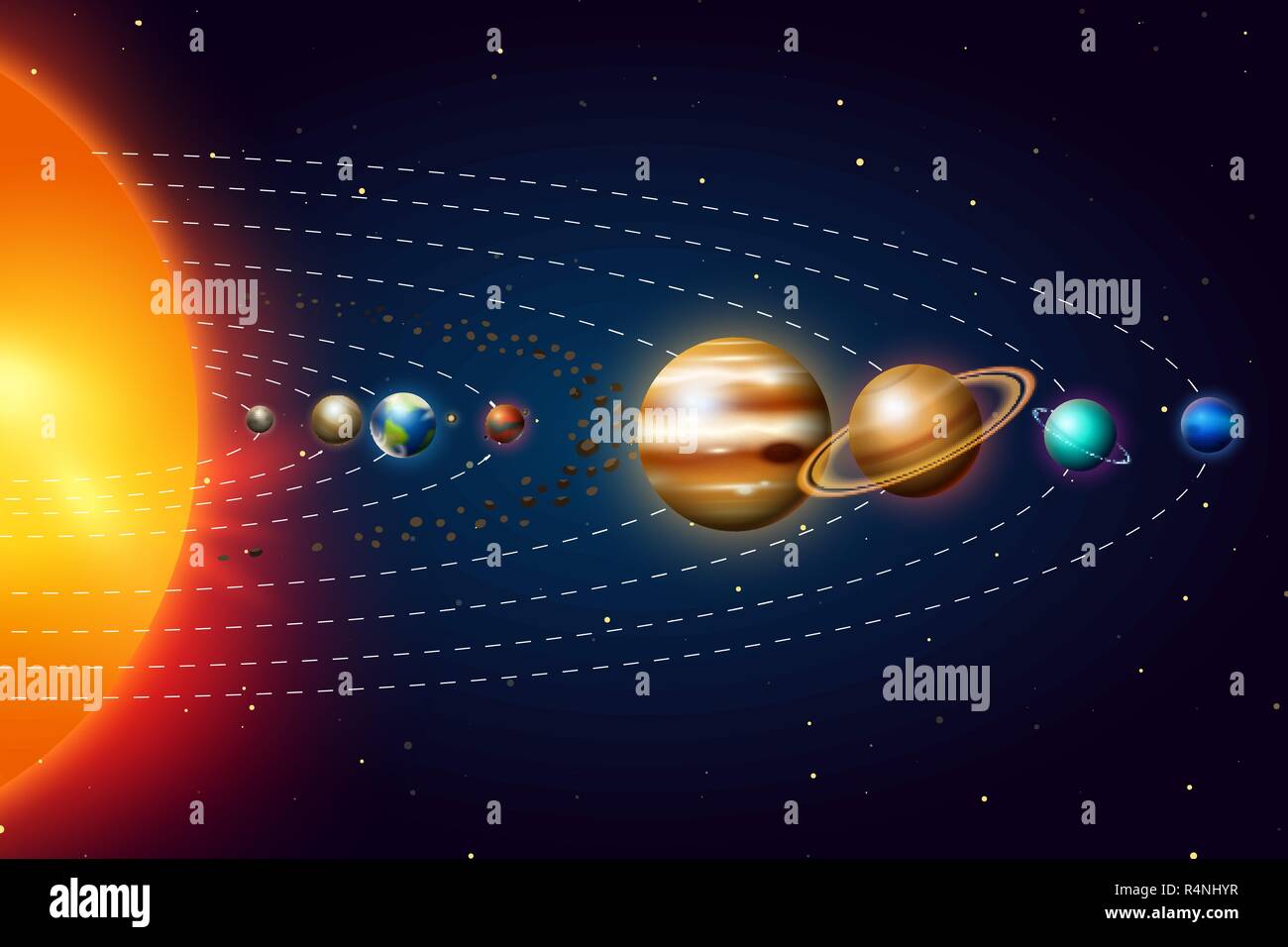 Los planetas del sistema solar o modelo en órbita. Vía Láctea. La  astronomía espacial de la galaxia. Vector ILUSTRACIÓN REALISTA. Viajes  interplanetarios en el mundo. Sol La Tierra Marte. fondo oscuro para