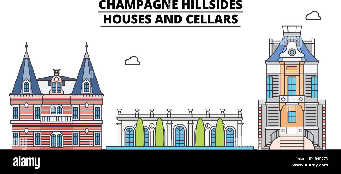 Las laderas de Champagne - casas y bodegas line El viaje landmark, horizonte, diseño vectorial. Las laderas de Champagne - casas y bodegas Ilustración lineal. Ilustración del Vector