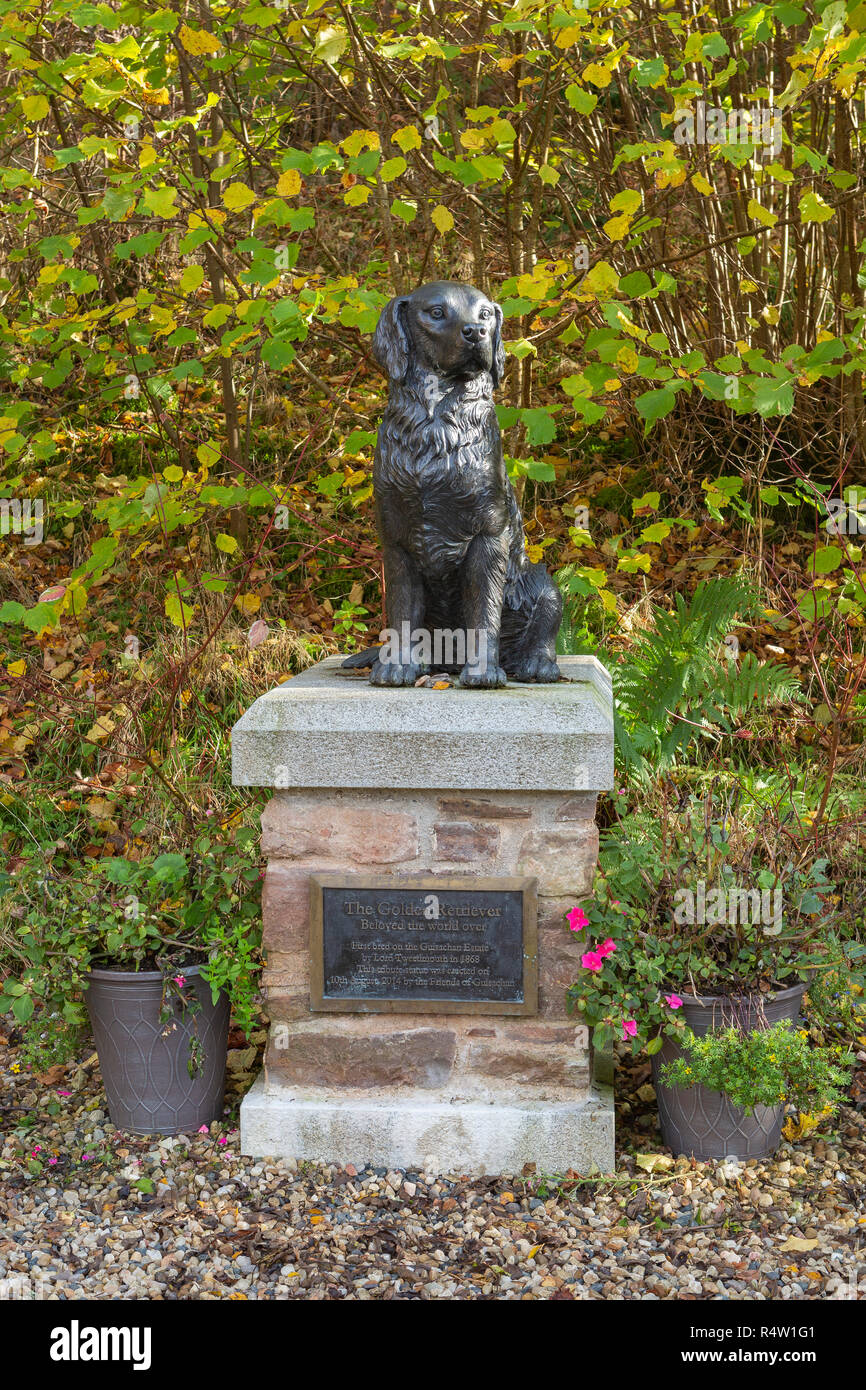 El Golden Retriever estatua en Tomich, región de tierras altas, Escocia. Foto de stock