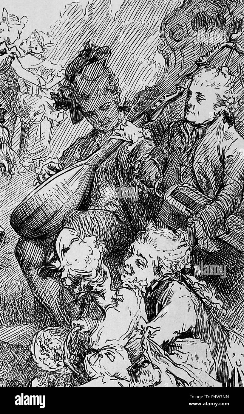 La aristocracia. Siglo XVIII. Panorama de la danza. Detalle de las músicas. Grabado de Germania, 1882. Foto de stock
