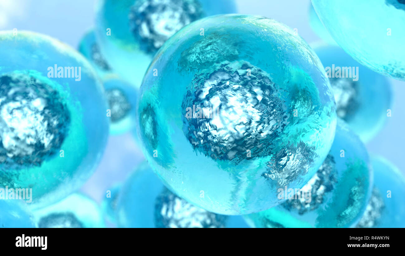 Celda azul abstracto concepto. La vida orgánica bajo microscopio. 3D Render ilustración Foto de stock