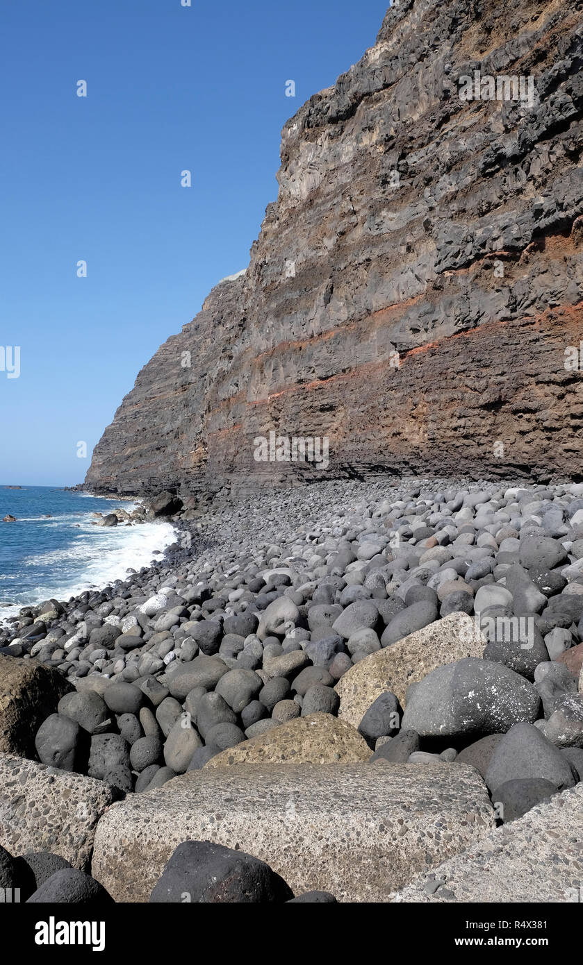 Estrías en los acantilados de Tazacorte, mostrando el origen volcánico de la isla de La Palma, Islas Canarias Foto de stock