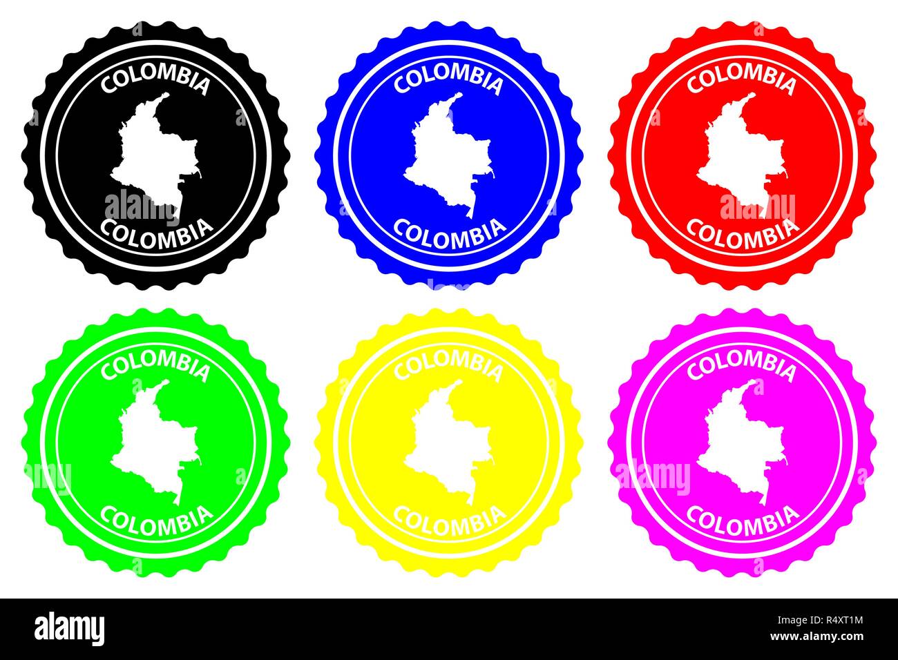 Colombia - sello de caucho - vector, patrón de mapa de Colombia - Etiqueta:  negro, azul, verde, amarillo, púrpura y rojo Imagen Vector de stock - Alamy