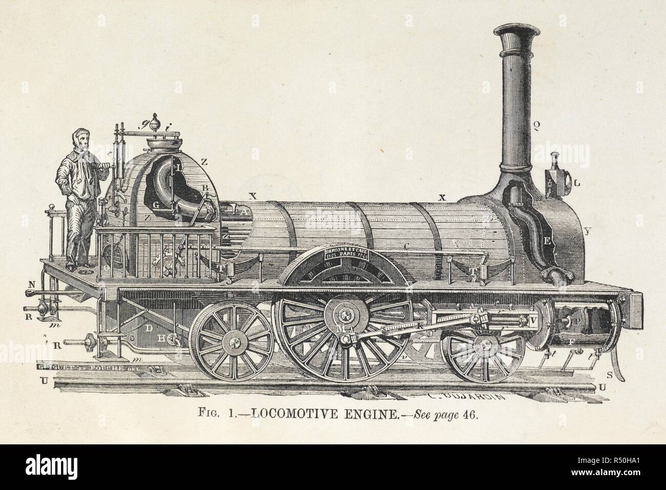 Diagrama de una locomotora de vapor con el controlador del motor. El modelo  de motor a vapor; cómo comprar, cómo utilizar y cómo construirla. Por â€oeA  Stoker constante,â€ etc. [con ilustraciones.]. Londres,