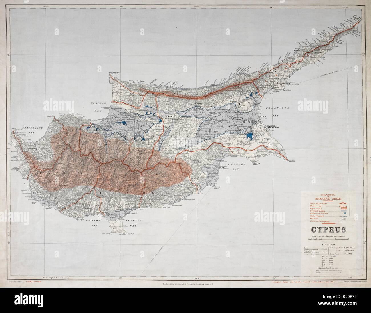 Un mapa de Chipre, con fecha de 1897. Chipre [Mostrar detalles] IDWO riego,  1208. : [Londres] Oficina de guerra, División de Inteligencia], 1897. Gran  Bretaña. Oficina de guerra. División de Inteligencia. Un