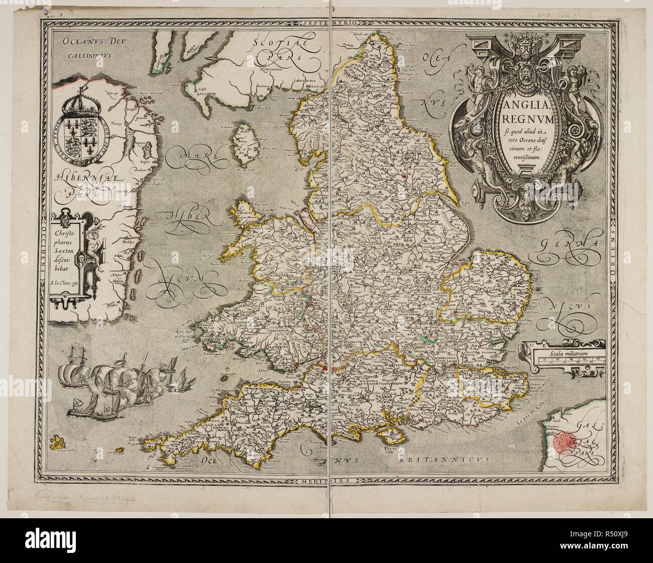 Mapa de Anglia, el Regnvm unido de Inglaterra y Gales. . Un nuevo mapa de la Unido de Inglaterra ... y el Principado de Gales. Inglaterra. Un nuevo mapa de la Unido de Inglaterra ... y el Principado de Gales, sacado de I. S[meó] ... Escala de millas inglesas, 30[ = 30 mm]. Fuente: Mapas* 1175 (116). Lengua: el latín. Autor: Velocidad J. Foto de stock