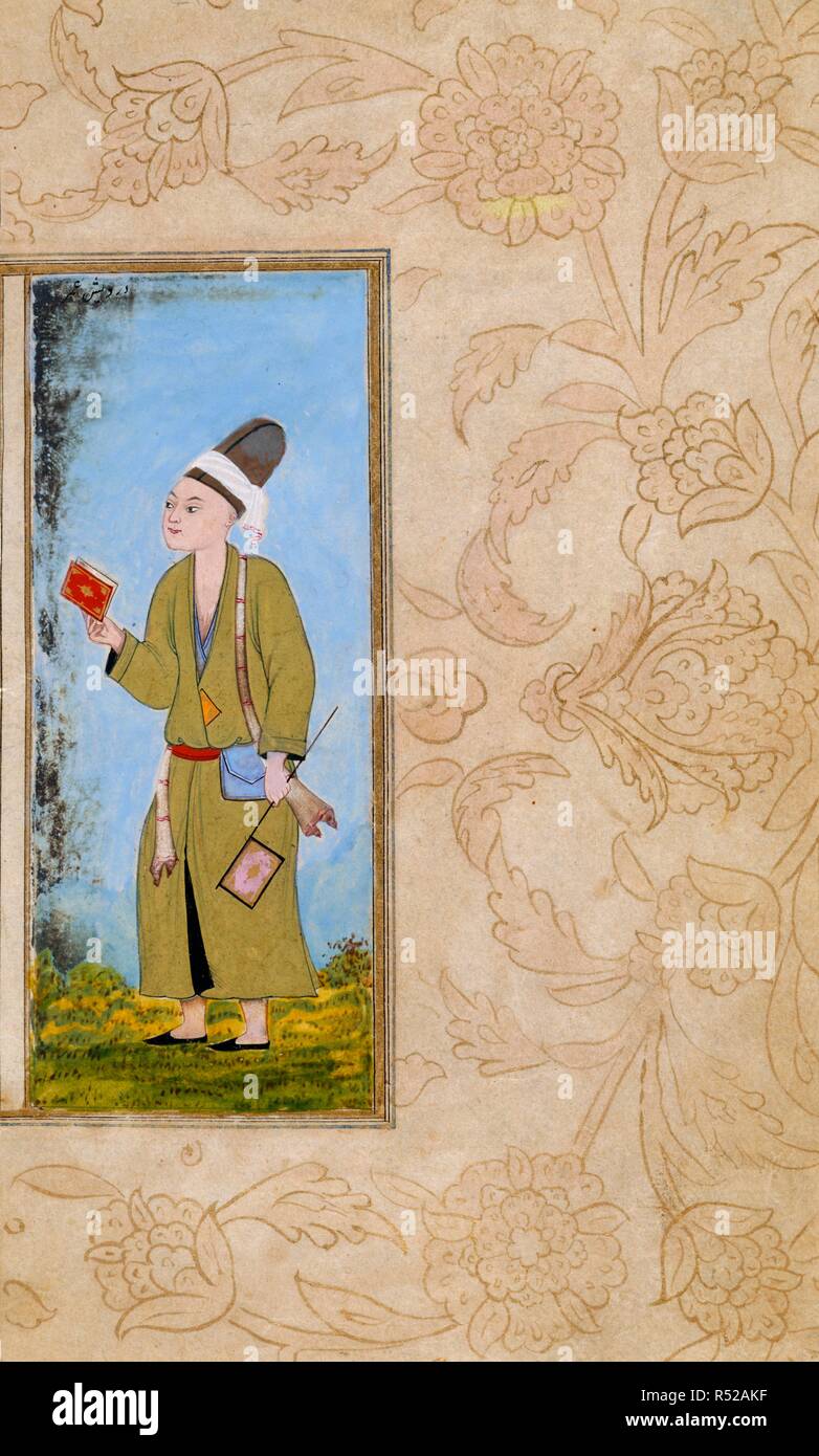 Un derviche Mevlevi. El álbum. Imperio Otomano o Tabriz, c.1600. Un derviche Mevlevi denominado Ã-mer, sosteniendo un ventilador y un libro. Imagen tomada del álbum. Originalmente publicado/producidos en el Imperio Otomano o Tabriz, c.1600. . Fuente: o. 2709, f.16v. Idioma: Turco. Foto de stock