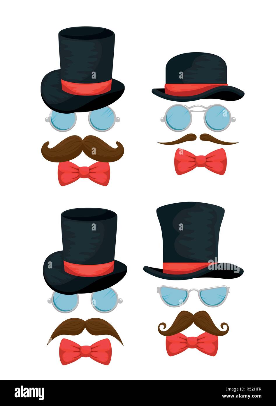 Establecer sombreros con accesorios gafas y bigotes estilo ilustración  vectorial Imagen Vector de stock - Alamy