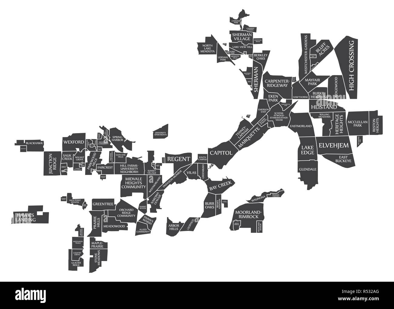 Mapa de la ciudad de Madison, Wisconsin USA etiquetados ilustración negro Imagen Vector de stock