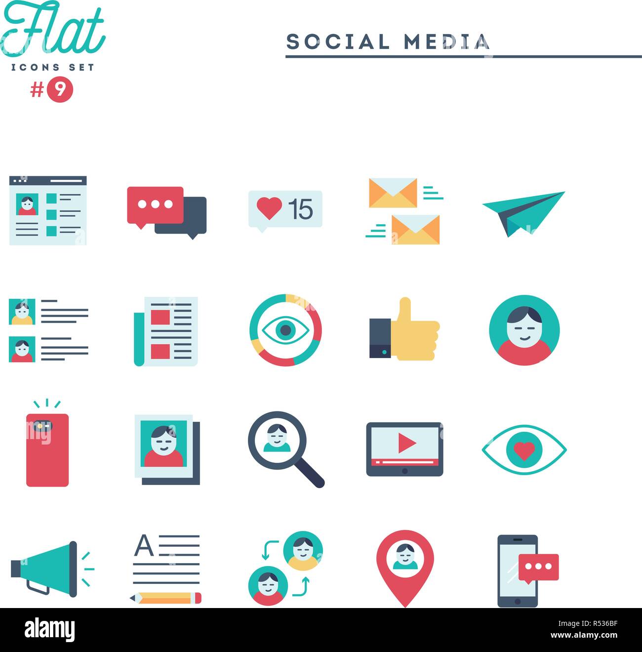 Los medios de comunicación social, comunicación, perfil personal,  publicación en línea y más plana, conjunto de iconos Imagen Vector de stock  - Alamy