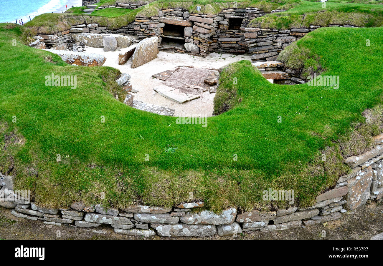 El sitio arqueológico de Skara Brae, una de las más antiguas de la Unesco sitio en el Reino Unido. Islas Orkney Islands Foto de stock