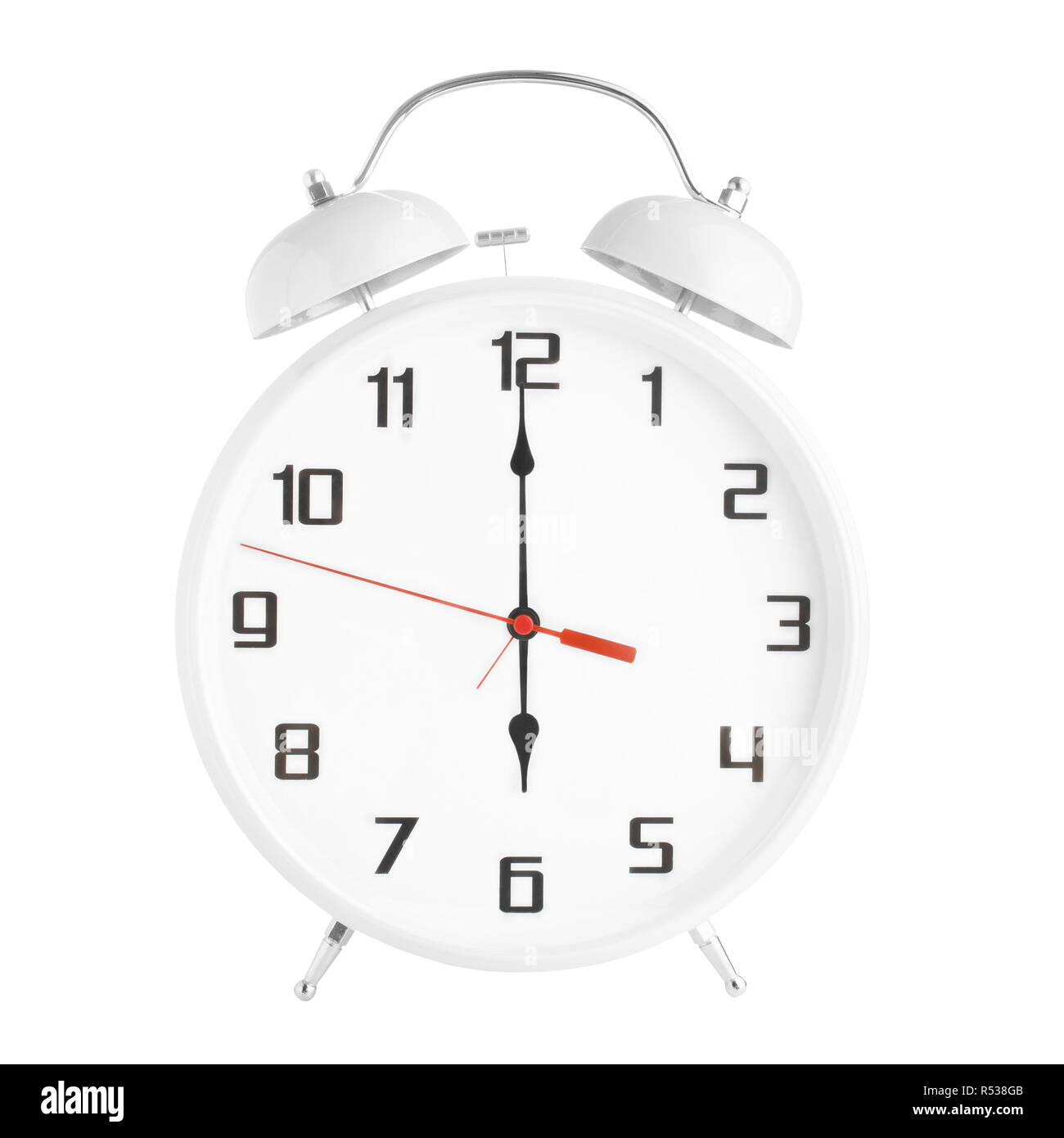 Reloj despertador blanco mostrando 6 o'clock aislado sobre fondo blanco Fotografía de stock Alamy