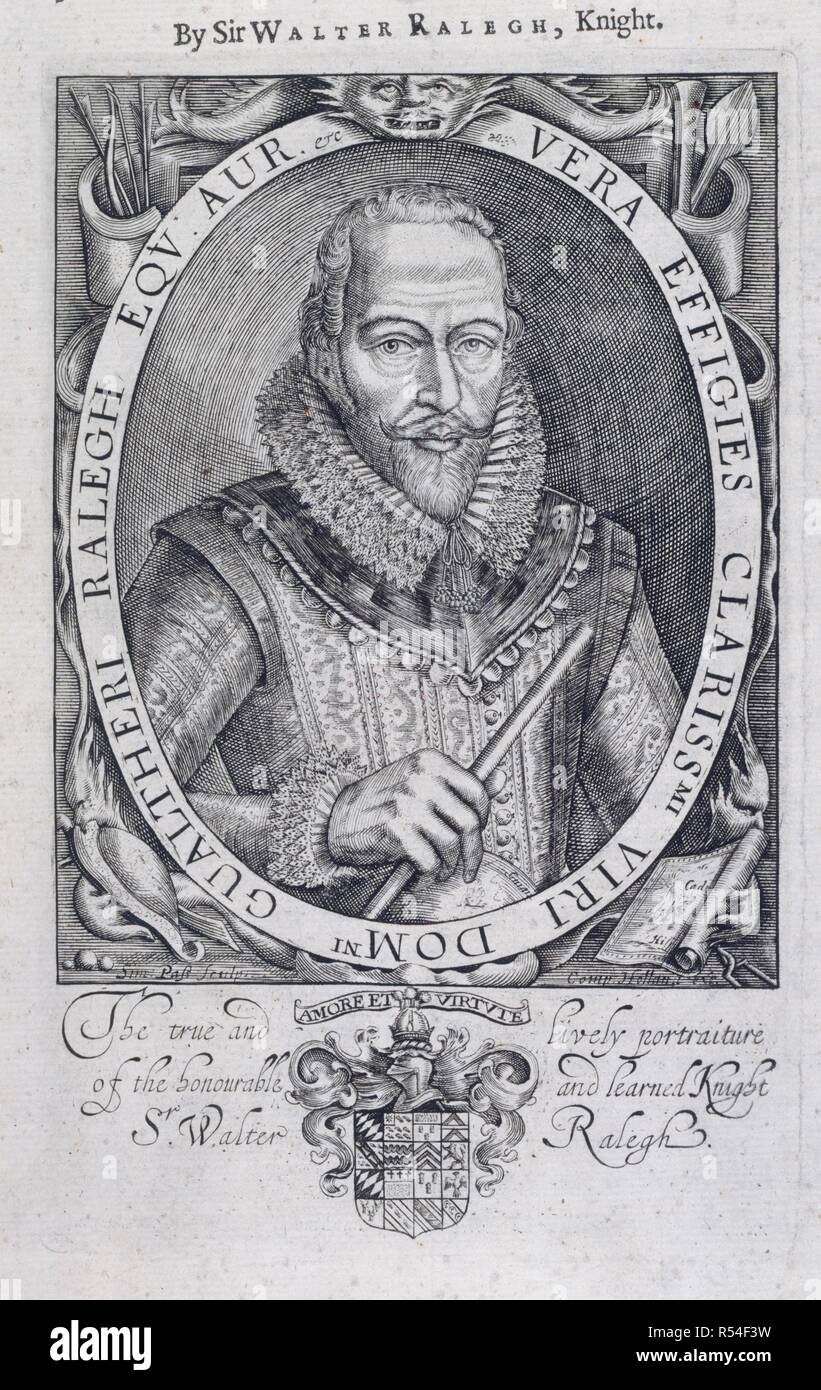 Sir Walter Raleigh (1552-1618). Inglés y poeta cortesano, Navigator. Retrato. La Historie del mundo. En cinco libros ... Sam Cartwright: Londres, 1652. Fuente: 9005.h.2, página de título. Idioma: Inglés. Foto de stock