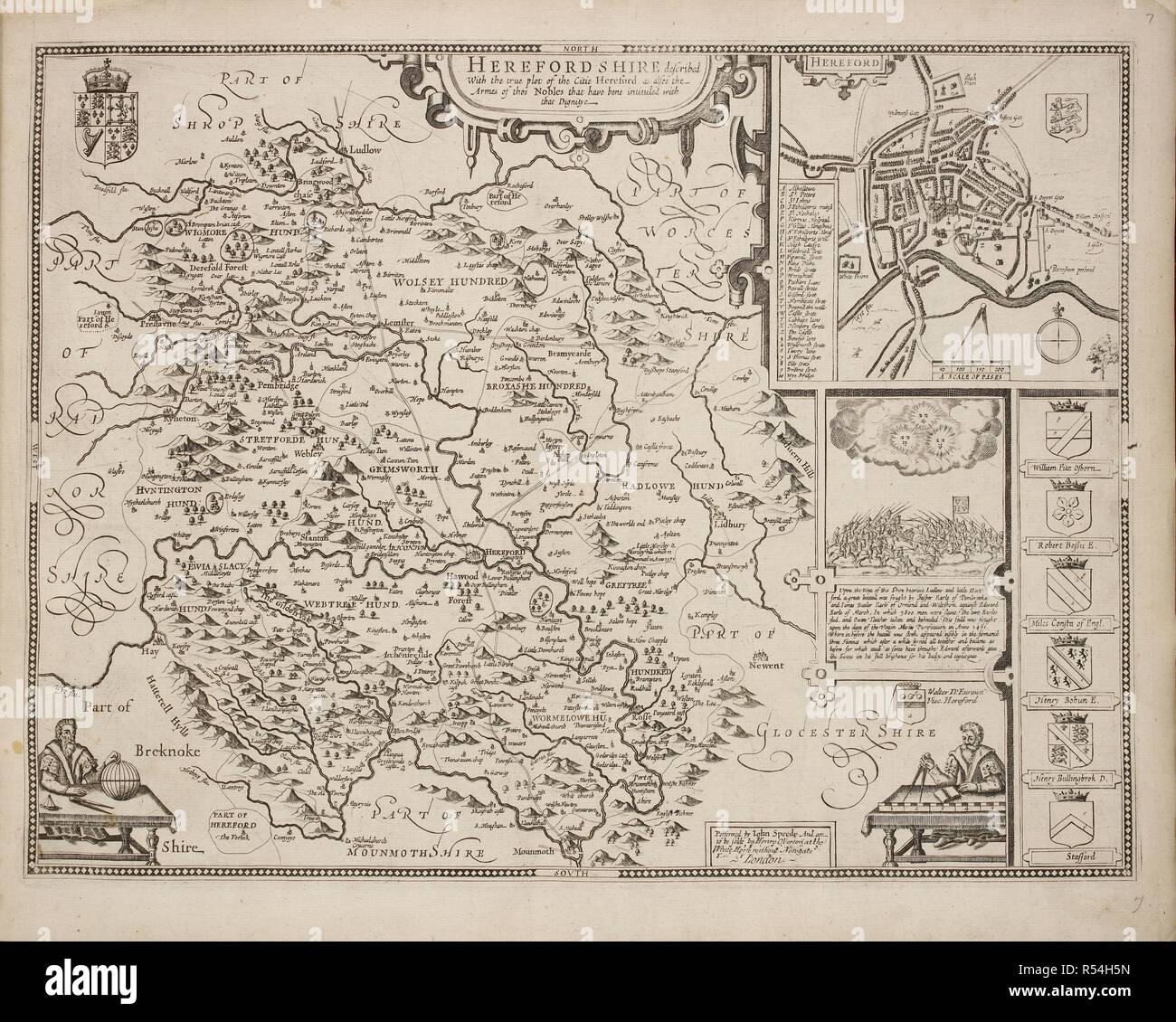 Un mapa de Herefordshire dibujado en 1714. . Una colección de 37 mapas de los condados de Inglaterra. Londres. H. Overton, 1714. Una colección de 37 mapas de los condados de Inglaterra, siendo las reimpresiones, de J. Speedâ€™s mapas, por Henry Overton, junto con los de P. Stent Reimpreso por John Overton, y mapas de Derbyshire y Yorkshire grabado por S. Nicholls. Fuente: Maps.145.c.9 7. Idioma: Inglaterra. Foto de stock