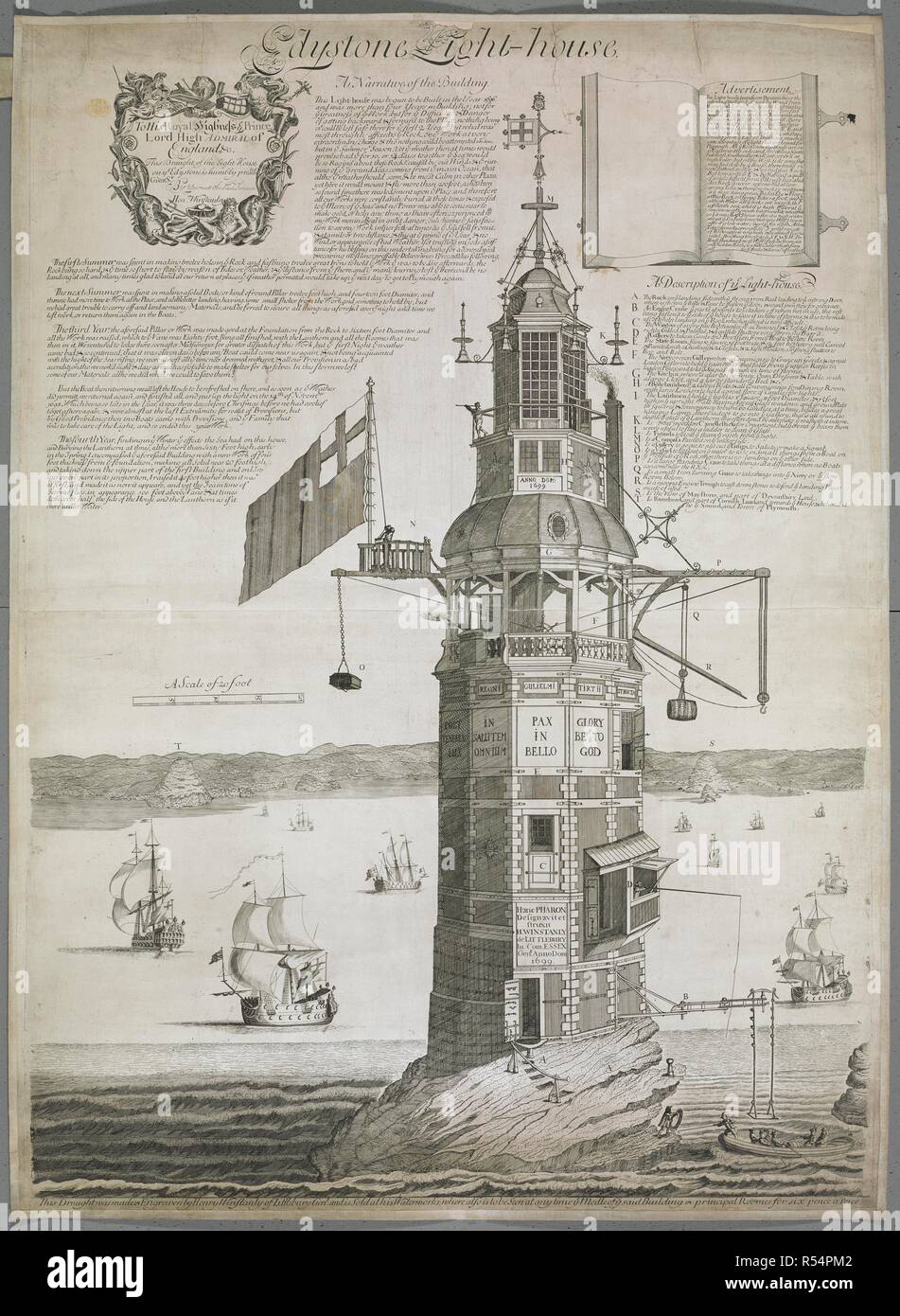 Una vista del Faro de Eddystone; los buques en el mar; las rocas en primer plano y una orilla rocosa en la distancia. Grabado en una placa en la parte superior del faro 'ANNO DOM: 1699" y en una placa en la parte inferior del faro 'Hanc PHARON Designavit et struxit H. WINSTANLEY de LITTLEBURY En Com. ESSEX Genr. Dom Anno 1699'. Un anuncio dentro de un libro grabado en la esquina superior derecha que describe el faro. Una dedicación rodeado por las figuras y símbolos de Britannia, Neptune y Hermes en la esquina superior izquierda que dice: "a Su Alteza Real el Príncipe ye Señor Alto Foto de stock