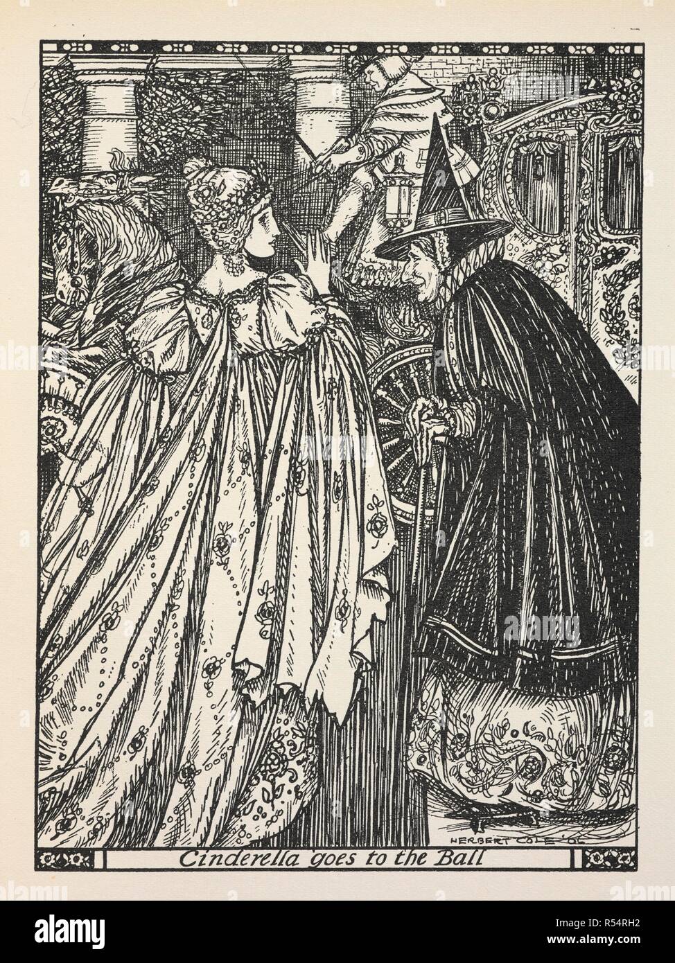 Cenicienta va a la bola. Fairy-Gold: un libro de cuentos de hadas, inglés  antiguo escogidos por Ernest Rhys, ilustrado por Herbert Cole. Londres: J.  M. Dent & Co., 1906. Fuente:  frente