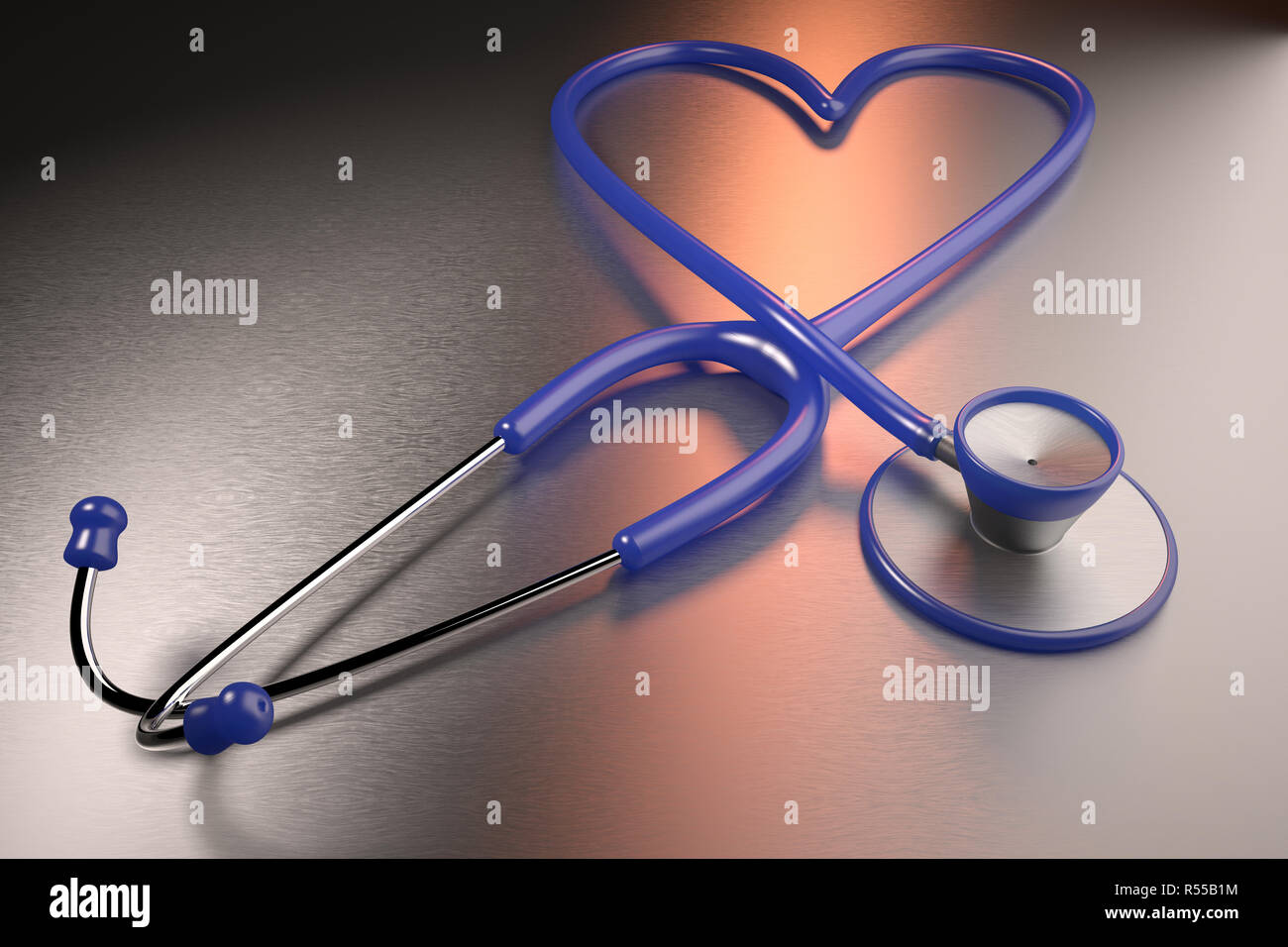 Representación 3D de un concepto que representaba la salud del corazón con un estetoscopio en forma de corazón Foto de stock