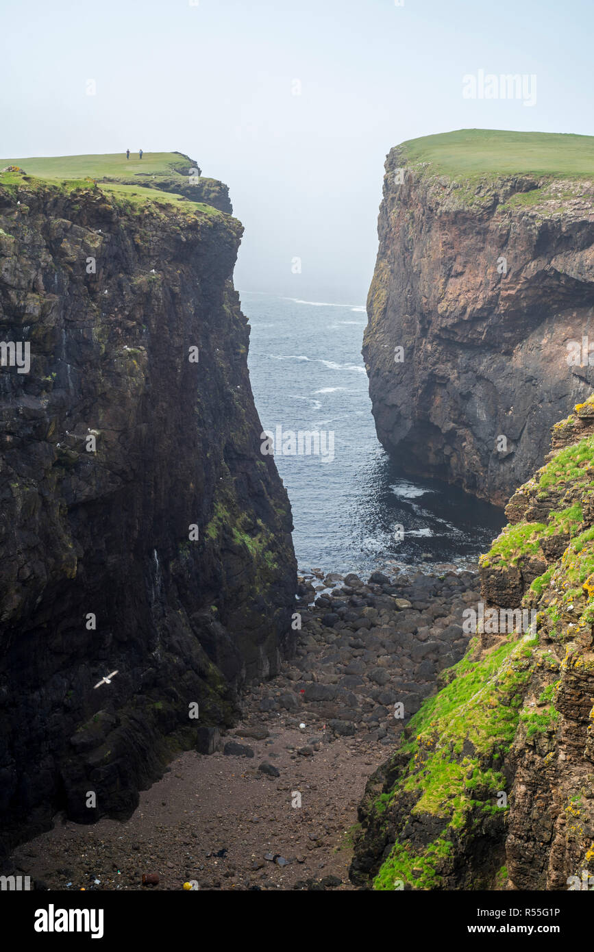 Dos senderistas visitando Calder's Geo, profunda fisura en el acantilado en Eshaness / Esha Ness, Península de Northmavine, Peninsular, Islas Shetland (Escocia, Reino Unido) Foto de stock