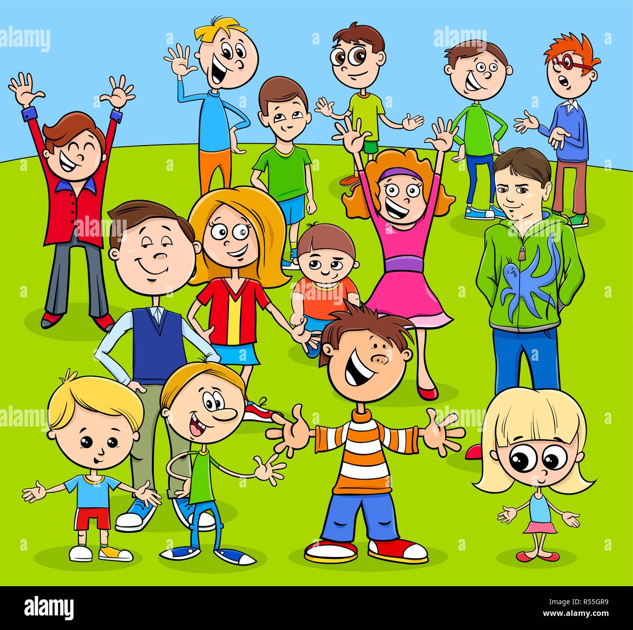 Ilustración de dibujos animados de educación preescolar y elemental o la  edad de los niños o adolescentes divertidos personajes grupo Imagen Vector  de stock - Alamy