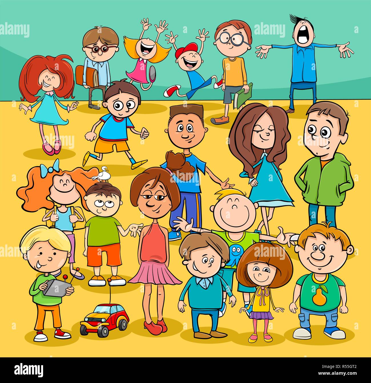 Ilustración de dibujos animados de edad preescolar o primaria o niños o  adolescentes gente grupo de caracteres Imagen Vector de stock - Alamy