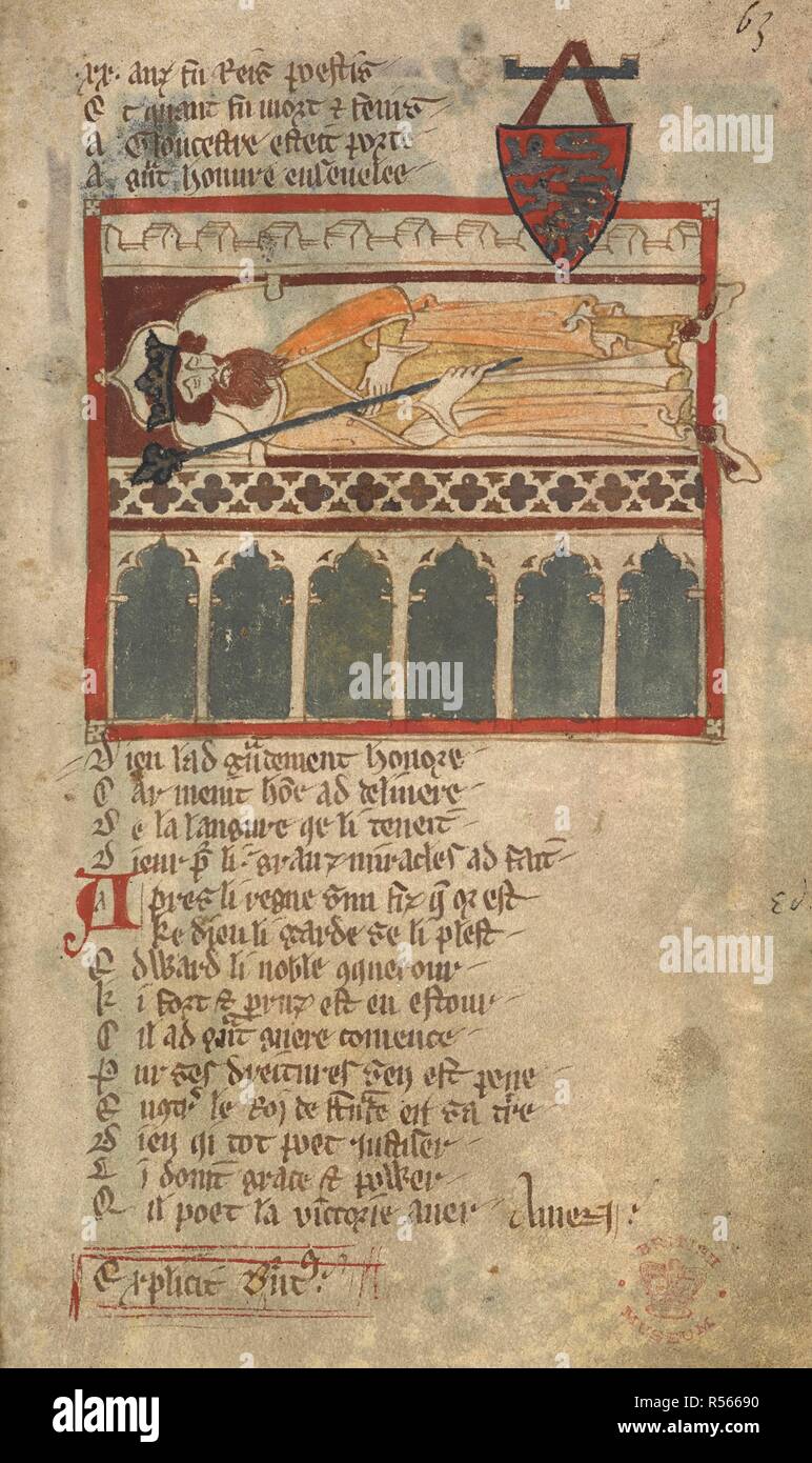 Tumba de Edward II. Los romances en verso francés ... Siglo 14. Fuente: Egerton 3028 f.63. Autor: Wace, Canon de Bayeux. Foto de stock