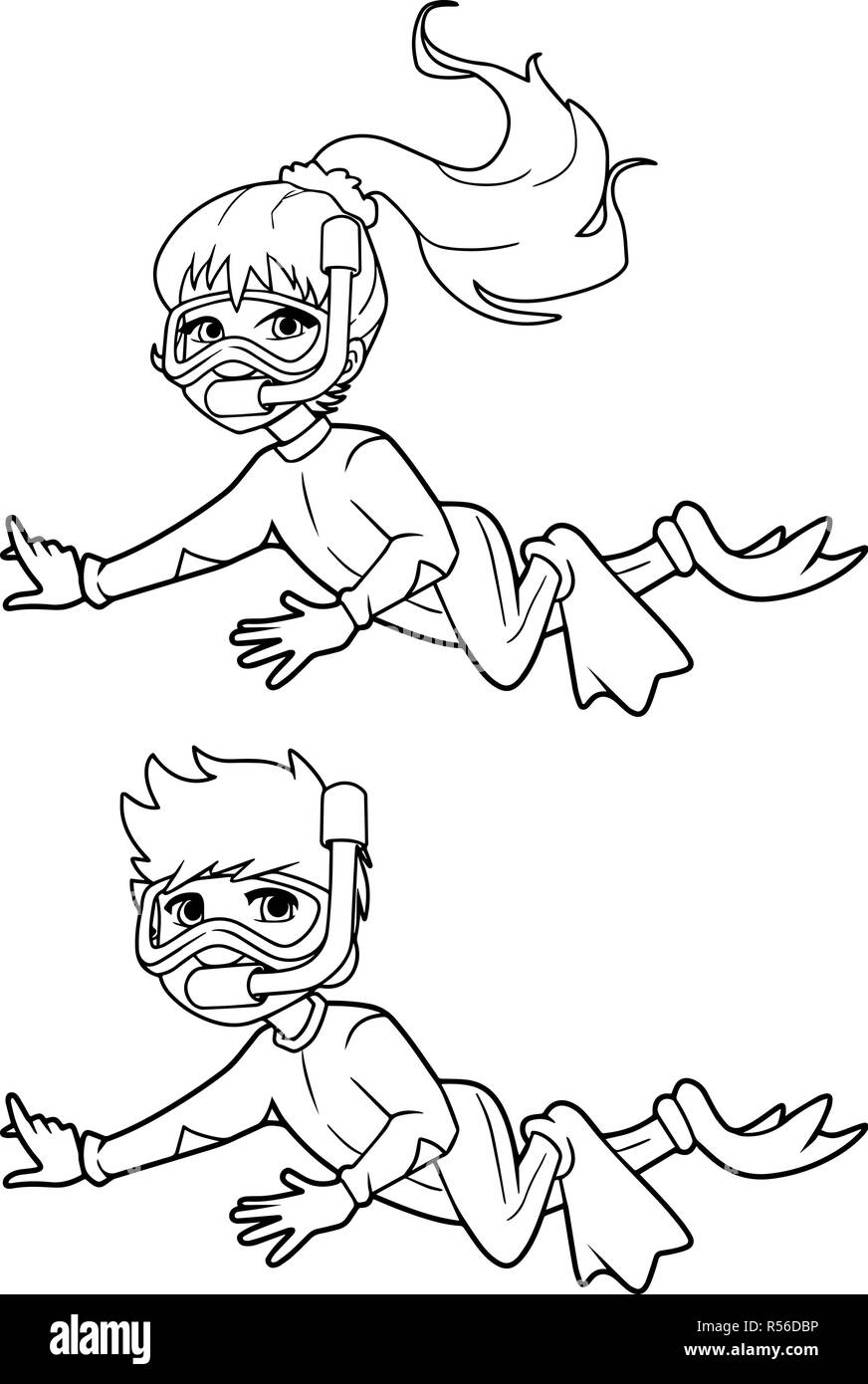 Niña Nadando Para Colorear : Ilustración de Niños Nadando En El Mar