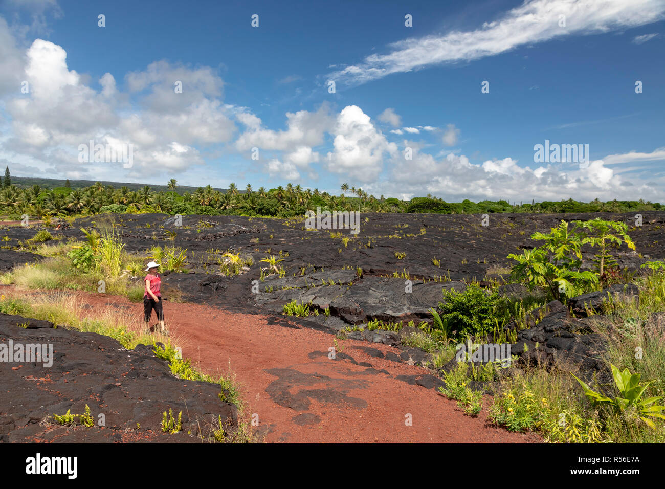 Kalapana, Hawaii - una mujer camina sobre el flujo de lava que sepultó la mayoría de Kalapana en 1990 en la Puna del distrito de la Isla Grande. Foto de stock