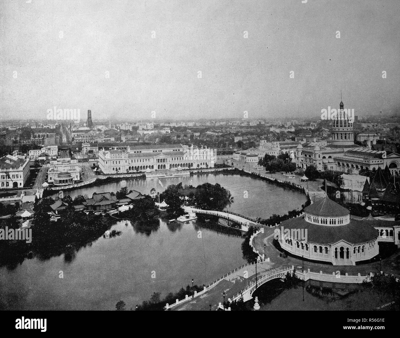 Vista desde la torre del edificio gubernamental para los edificios situados en el territorio de la Exposición Mundial 1893, descripción, Foto de stock