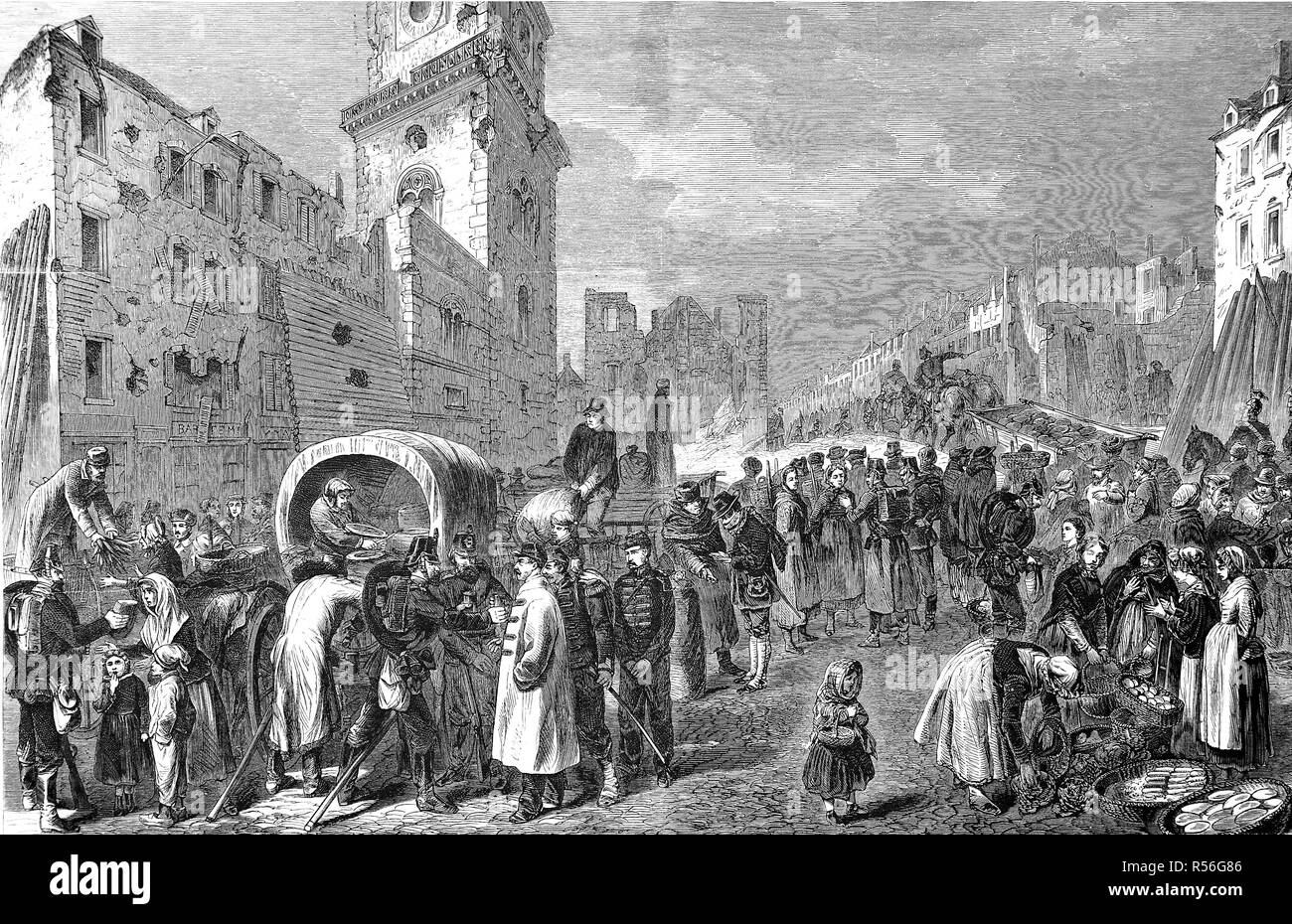 En el mercado de Thionville, Alemán Diedenhofen, después de la capitulación del 25 de noviembre, la guerra franco-alemana, xilografía 1870/71 Foto de stock