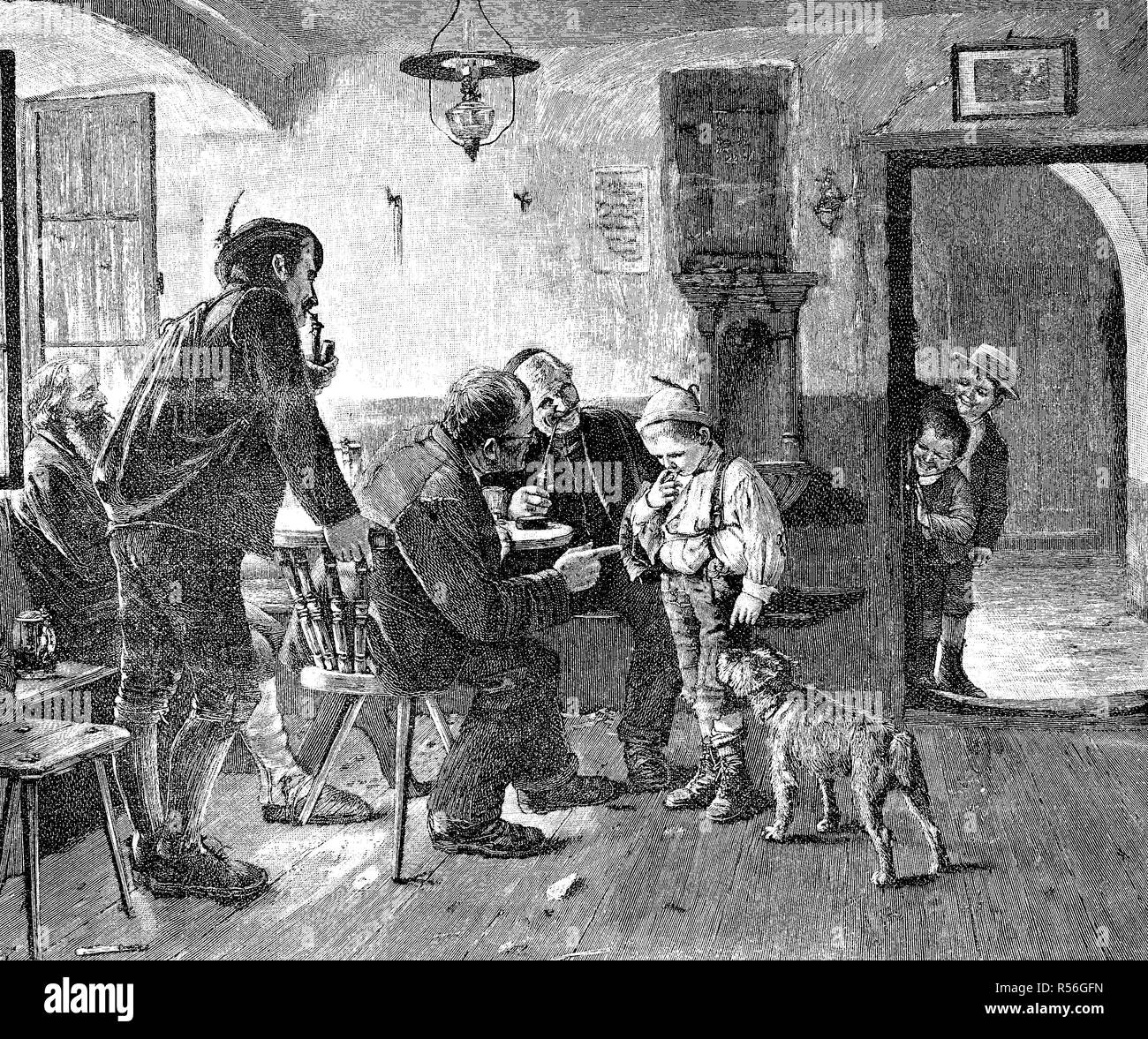 Little Boy Gets reproches en el Inn porque robó las manzanas 1880, xilografía, Alemania Foto de stock